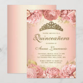Invitation Élégante Quinceanera florale rose pâle (Devant / Derrière)