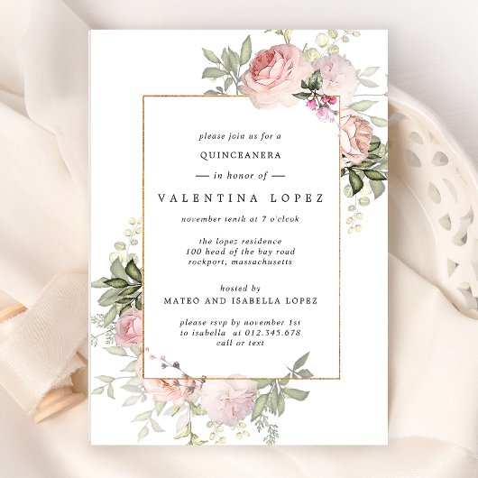 Invitation Élégante Quinceanera florale rose pâle