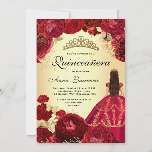 Invitation Elégante Quinceanera Florale Rouge et Or (Devant)
