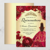 Invitation Elégante Quinceanera Florale Rouge et Or (Devant / Derrière)