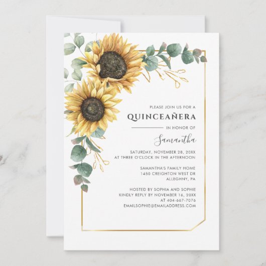 Invitation Elégante Quinceanera florale tournesol Eucalyptus (Devant)