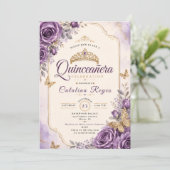 Invitation Élégante Quinceañera Florale Violette (Debout devant)