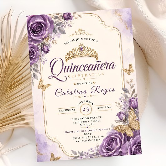 Invitation Élégante Quinceañera Florale Violette