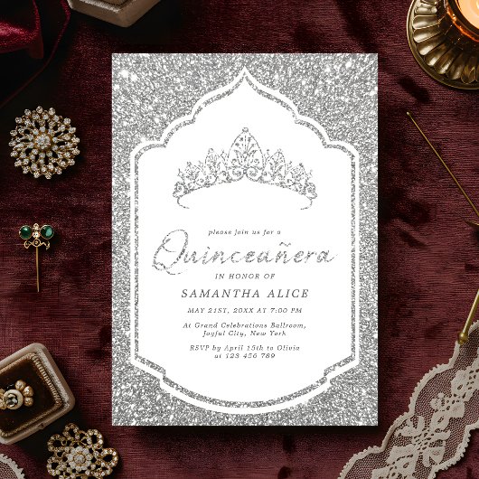 Invitation Élégante Quinceanera Glitterie Argent