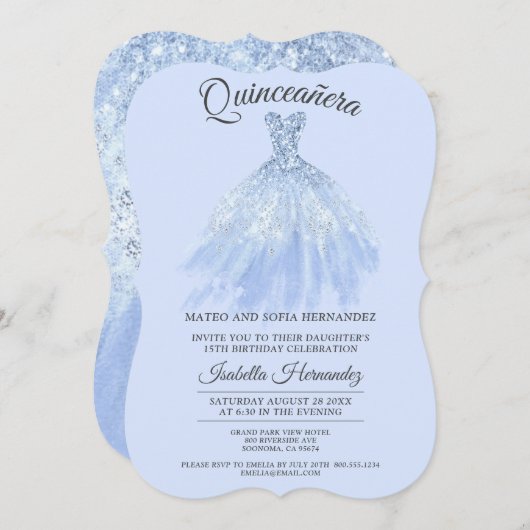 Invitation Elégante Quinceanera Mis Quince Bleu Violet Partie (Devant / Derrière)