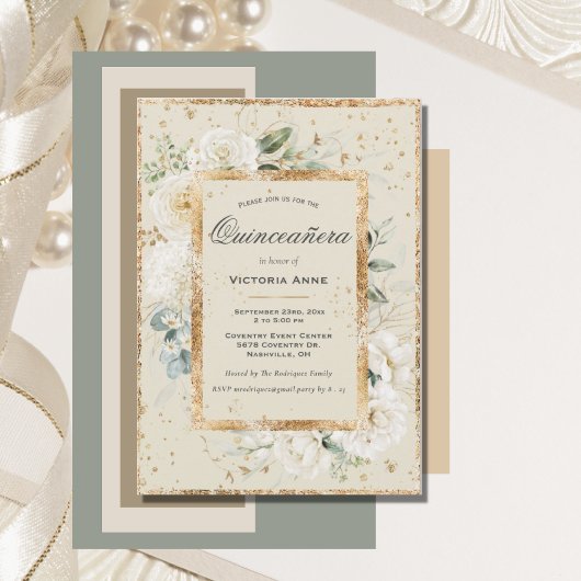 Invitation Élégante Quinceañera Moderne Fleurie Or