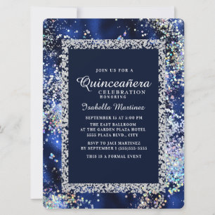 Invitation Elégante Quinceañera Navy Or Argent Pailleté