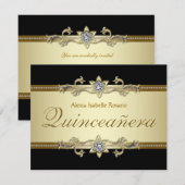 Invitation Elégante Quinceanera Noir et Or (Devant / Derrière)