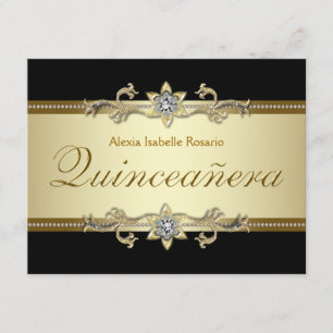Invitation Élégante Quinceanera noire et or