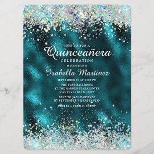 Invitation Élégante Quinceañera pailletée de teal argenté