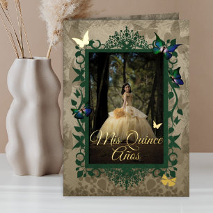 Invitation élégante Quinceanera papillons or vert