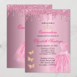 Invitation Elégante Quinceañera Parties scintillant rose et o