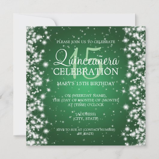 Invitation Élégante Quinceañera Party Hiver 2 Vert (Devant)