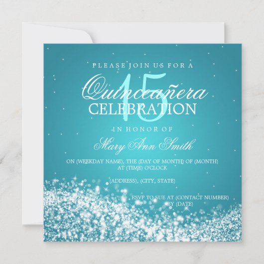 Invitation Élégante Quinceanera Party Sparkling Wave 2 Turquo (Devant)