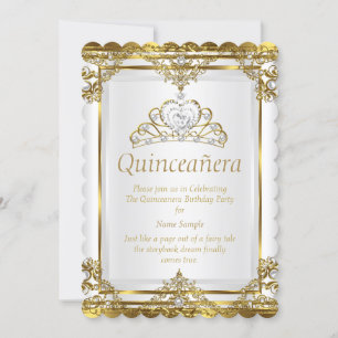 Invitation Élégante Quinceanera Perle Blanche Or Princesse