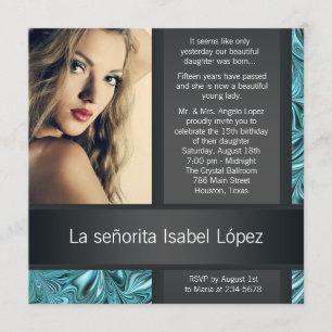 Invitation Élégante Quinceanera photo en noir et bleu sarcell