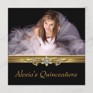 Invitation Élégante Quinceanera photo noir et or