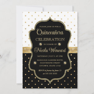 Invitation Elégante Quinceanera Pois noire et blanche