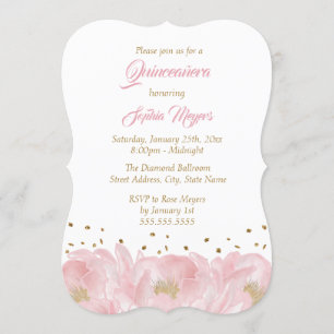Invitation Élégante Quinceanera Rose Gold et Pivoine