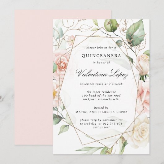 Invitation Élégante Quinceanera rose rose rose rose rose (Devant / Derrière)