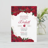Invitation Elégante Quinceanera - Rose rouge et or Floral (Debout devant)