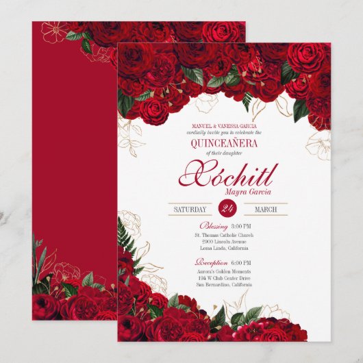 Invitation Elégante Quinceanera - Rose rouge et or Floral (Devant / Derrière)