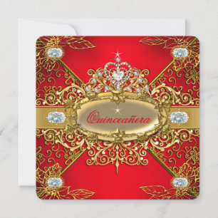 Invitation Élégante Quinceañera Rouge Doré Damassé Fête des 1