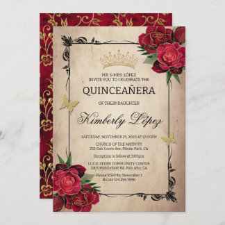Invitation Elégante Quinceanera Rouge Rose Gold Foil Invitati