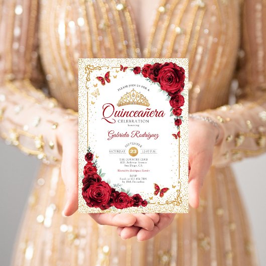 Invitation Elégante Quinceanera Rouge Roses Or Blanc