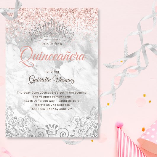 Invitation Elégante Quinceañera Tiara Parties scintillant ros