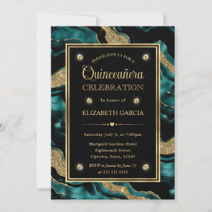 Invitation Elégante Quinceañera Turquoise et Paillettes d'Or
