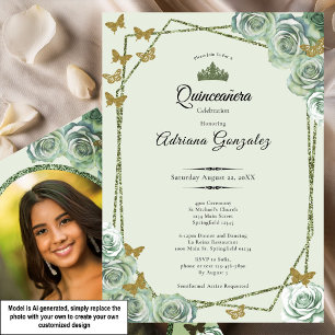 Invitation Élégante Quinceanera vert sauge or pour 15 ans