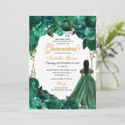 Invitation Élégante Quinceanera verte émeraude (Debout devant)