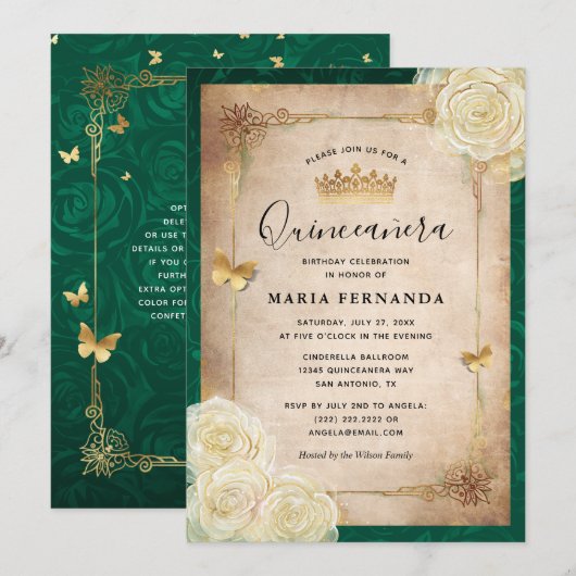 Invitation Elégante Quinceanera Verte Or Rose Blanche (Devant / Derrière)