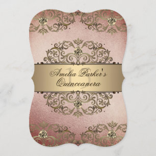 Invitation Élégante Quinceañera vintage en or rose damassé