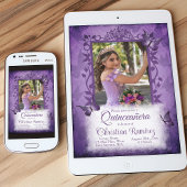 Invitation Elégante Quinceanera violet Fancy Vine frontière p