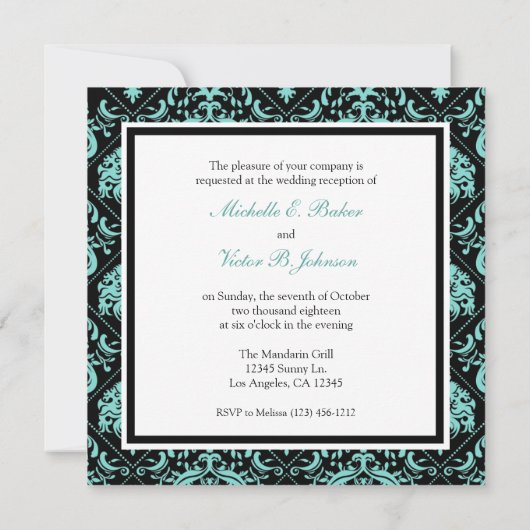 Invitation Elégante réception Aqua Bleu et Noir Damas uniquem (Dos)