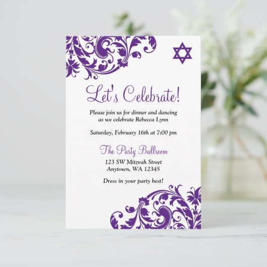 Invitation Elégante Réception Bat mitzvah pourpre (Debout devant)