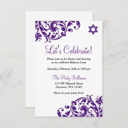 Invitation Elégante Réception Bat mitzvah pourpre (Devant / Derrière)