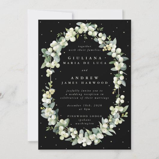 Invitation Elégante Réception Black Snowberry+Eucalyptus Seul (Devant)