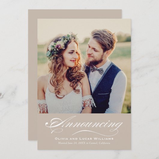 Invitation Elégante Réception de Mariage de script beige (Devant / Derrière)