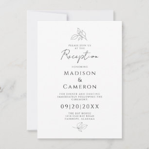 Invitation Elégante réception de mariage Feuilles noir & blan