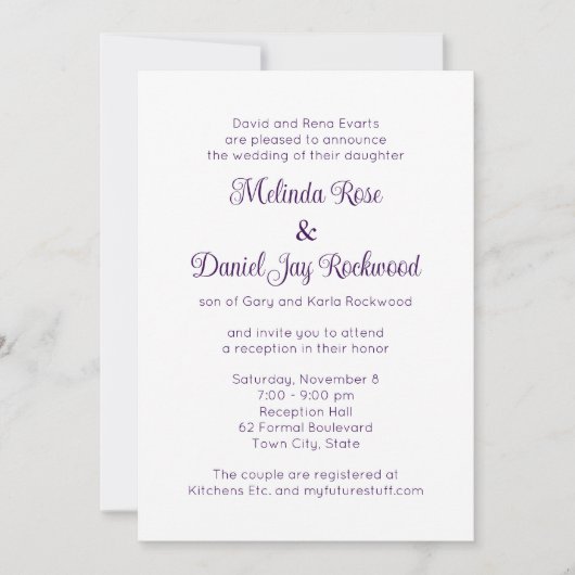 Invitation Elégante Réception de mariage violet et blanc (Devant)