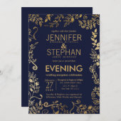 Invitation Elégante Réception Florale en or bleu marine (Devant / Derrière)