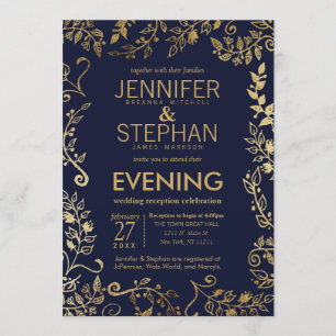 Invitation Elégante Réception Florale en or bleu marine
