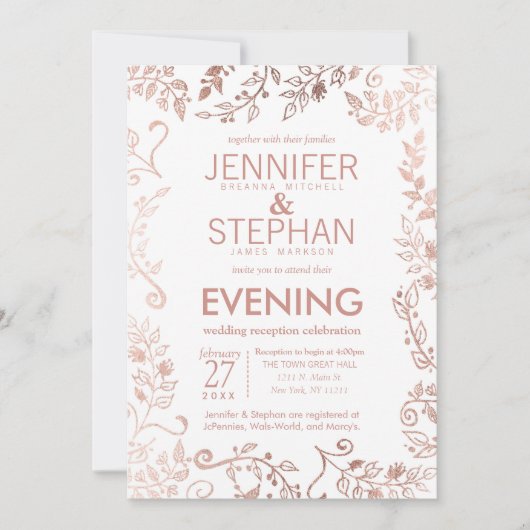 Invitation Elégante Réception Florale Rose Blanche Or (Devant)