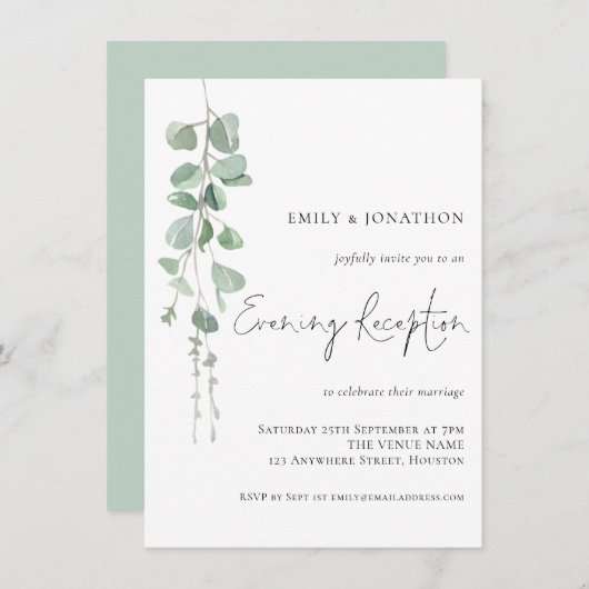 Invitation Elégante Réception Soirée Mariage Eucalyptus (Devant / Derrière)
