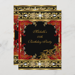 Invitation Elégante Red Asian Gold Bamboo fête d'anniversaire