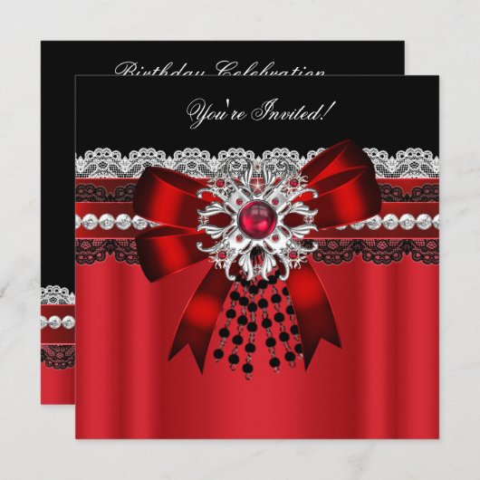 Invitation Élégante Red Black Diamond Silver Lace Party 2 (Devant / Derrière)