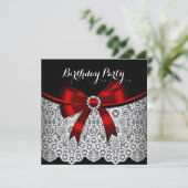 Invitation Elégante Red Bow Black Lace White Anniversaire Par (Debout devant)